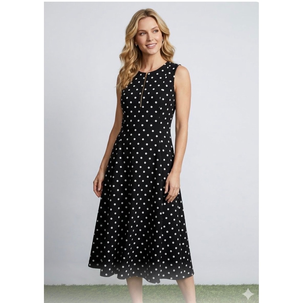 Calvin Klein Womens Polka Dot Sleeveless Midi Dress Black White Gold Zip Size 8
